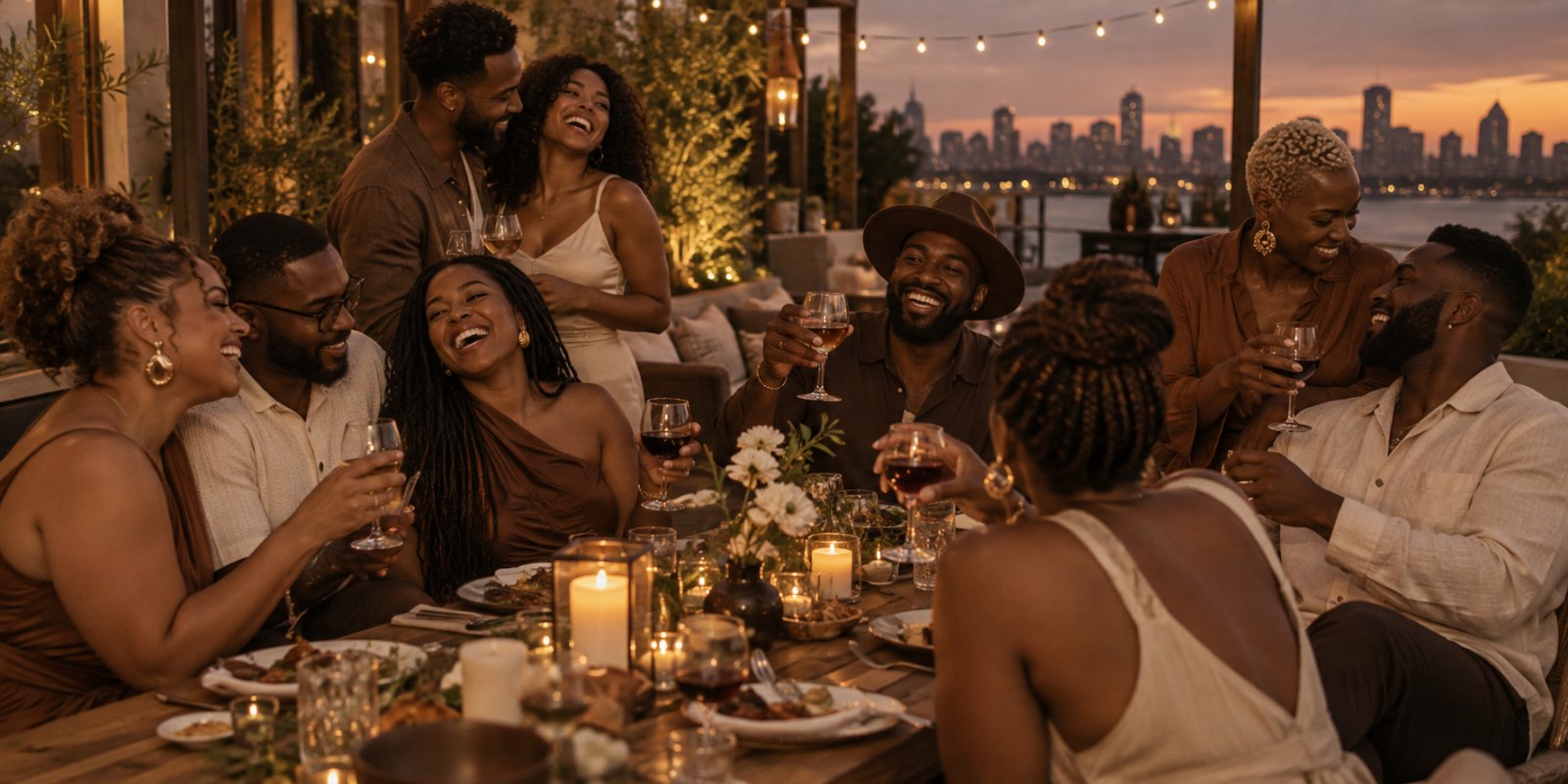 Several couples at a rooftop dinner at dusk, laughing together over candlelight