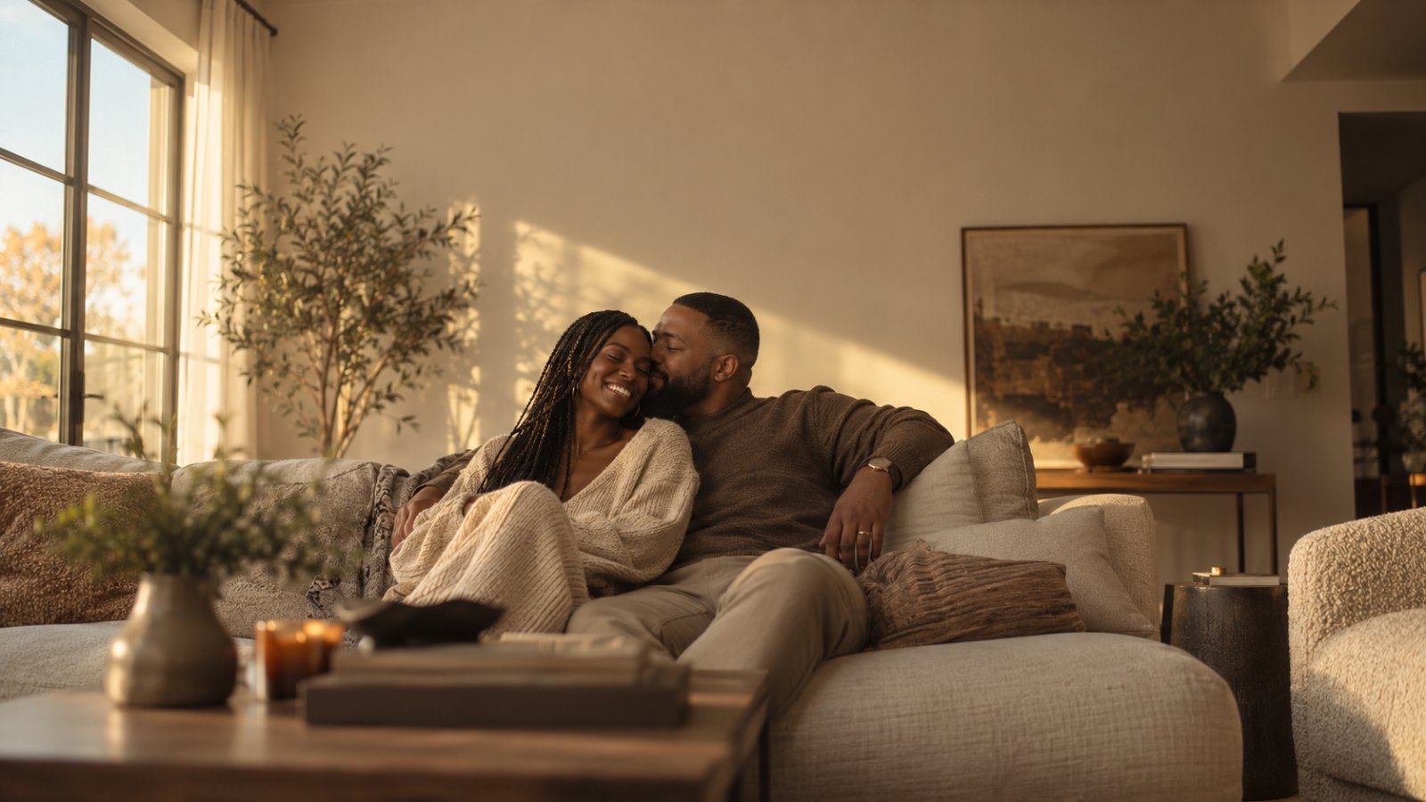 A couple at home on their sofa in warm afternoon light, leaning into each other and laughing