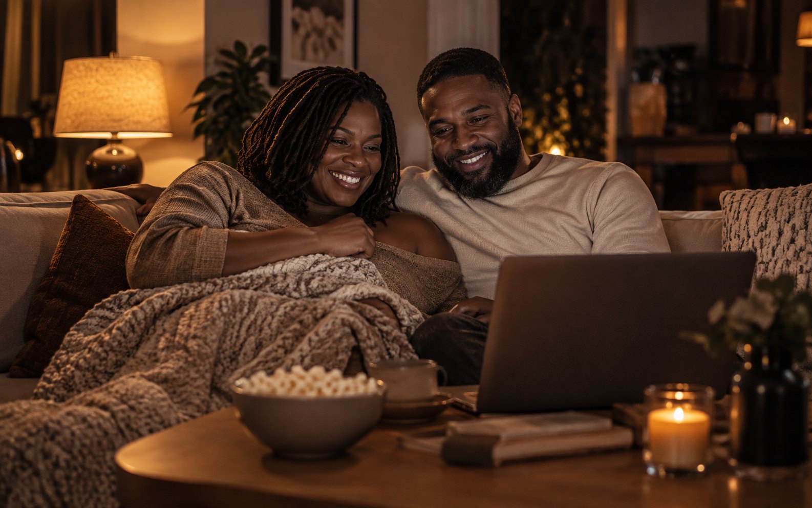A couple on the sofa under a blanket watching a laptop together in the evening