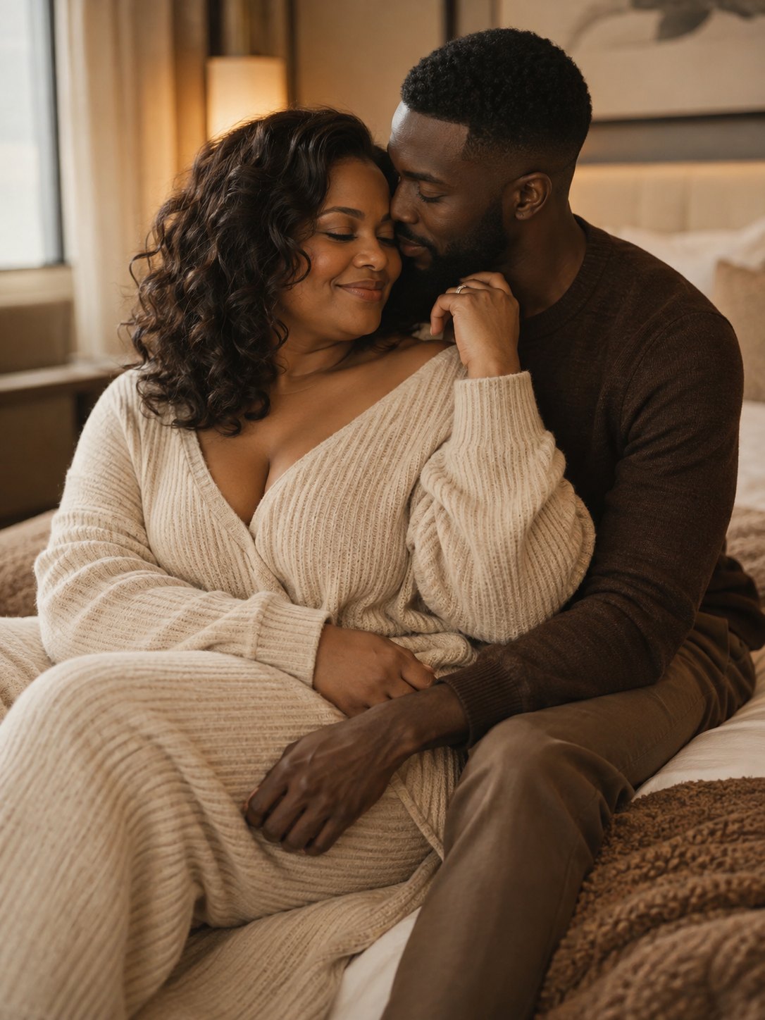 A couple sitting close in warm lamplight, her head against him, hands held