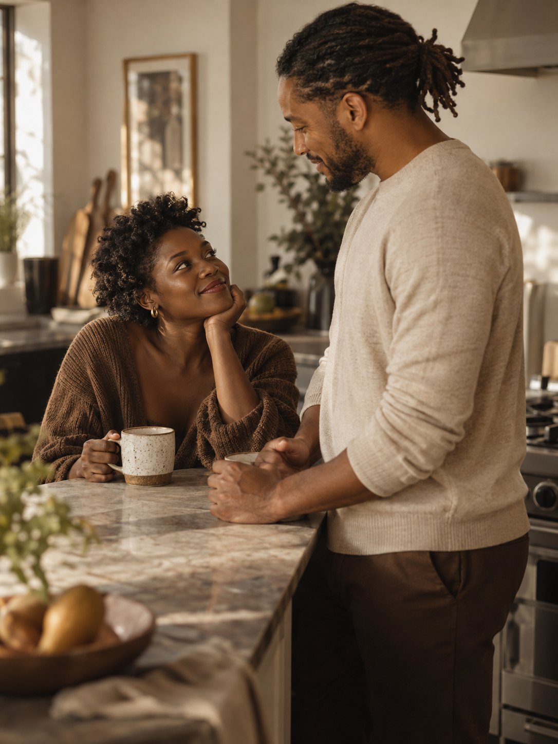 A couple at their kitchen counter over coffee, she looks up at him mid-conversation