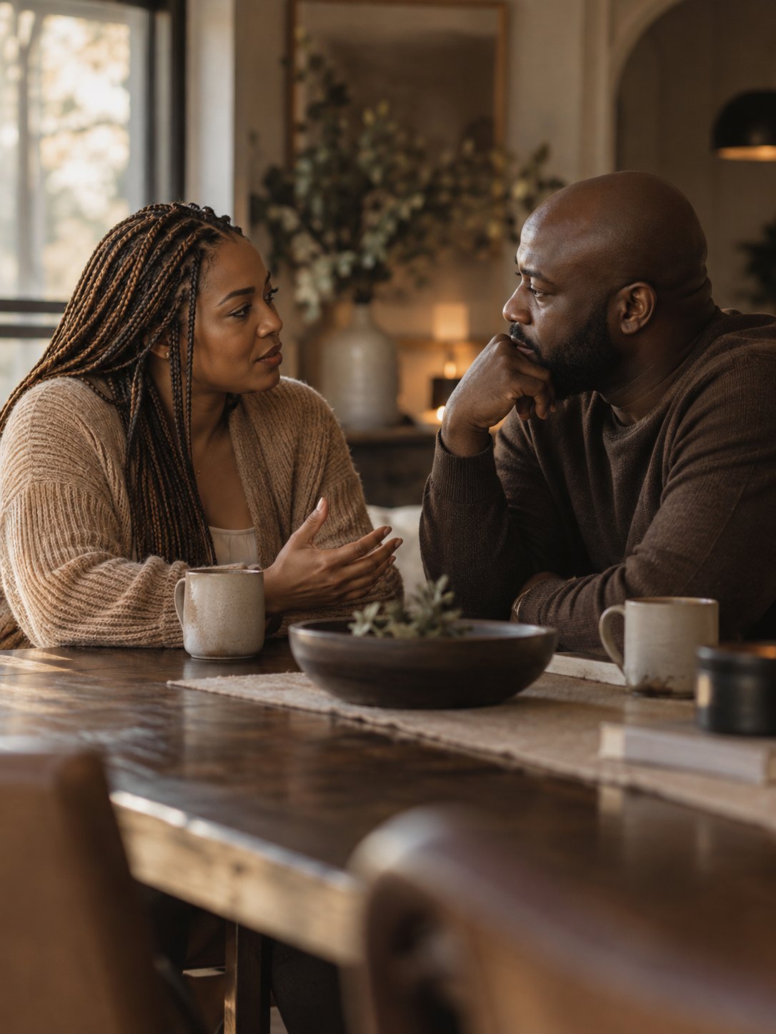 A couple in real conversation across a dining table, leaning in, coffee between them