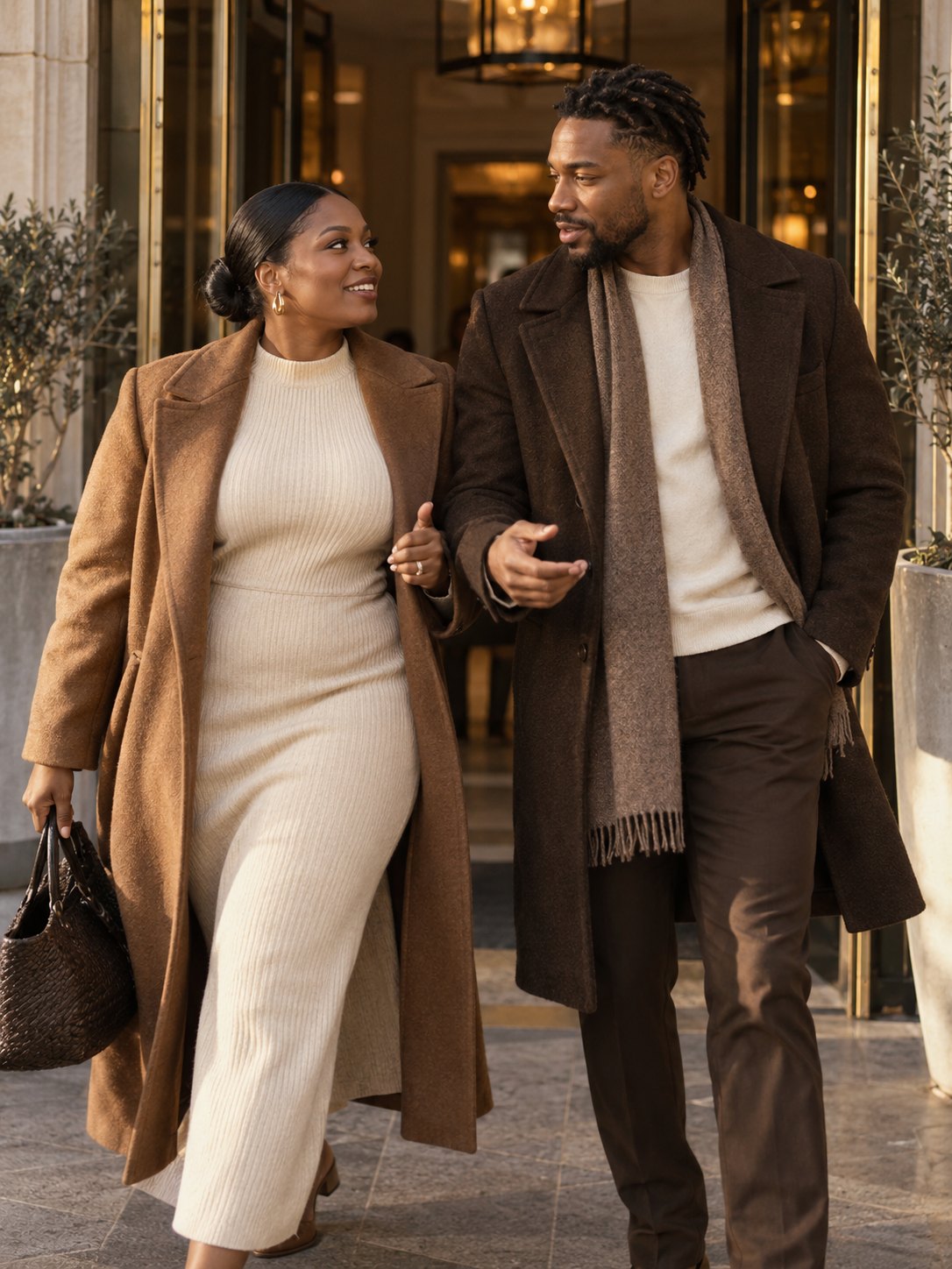 A couple walking out together in winter coats, mid-conversation