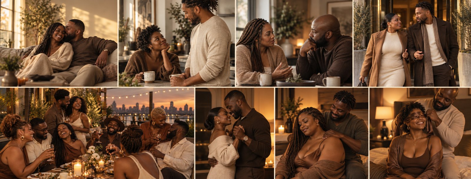 couples at home in warm evening light — talking, dancing, unwinding together