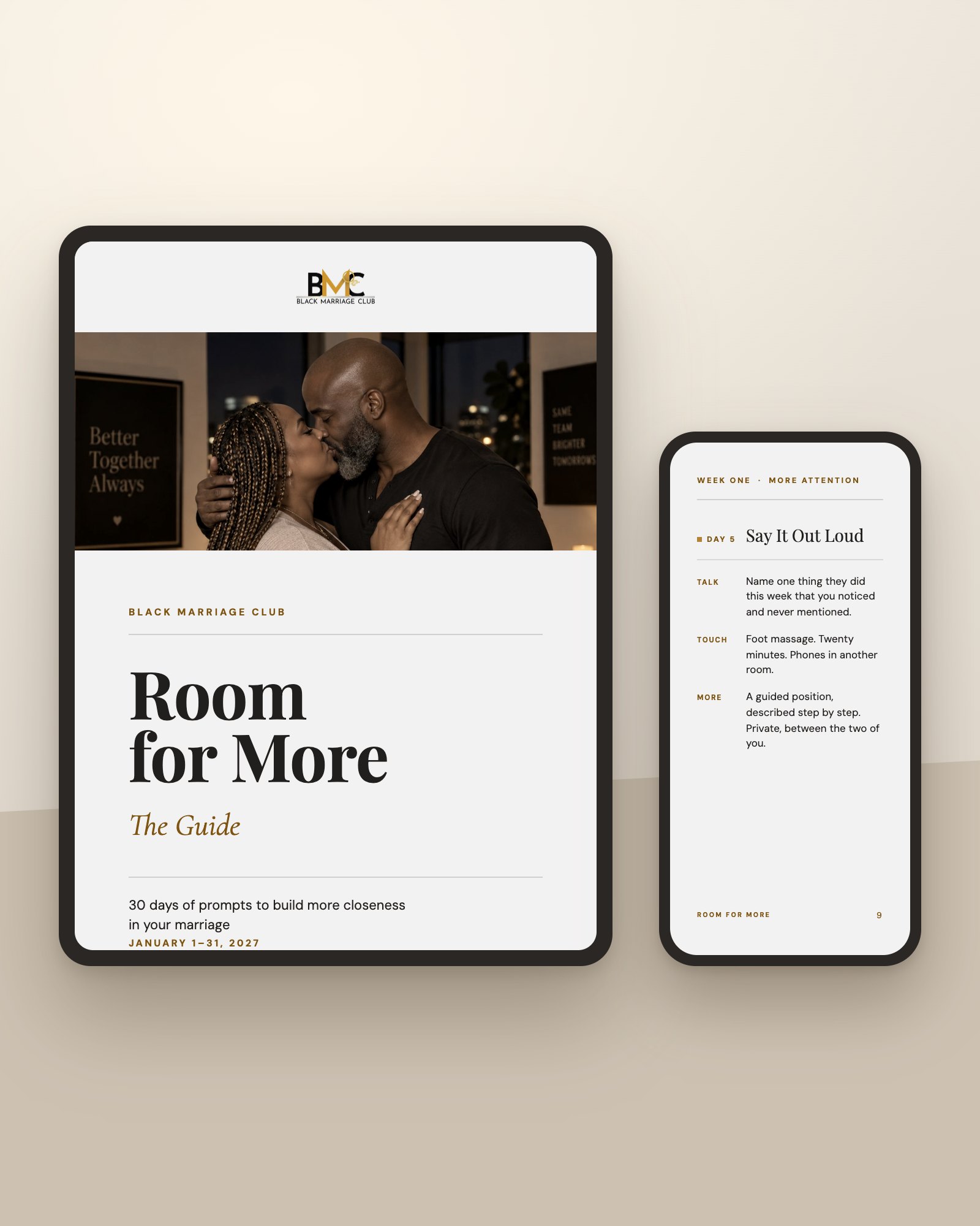The Room for More guide shown open on a tablet and a phone side by side on a warm surface