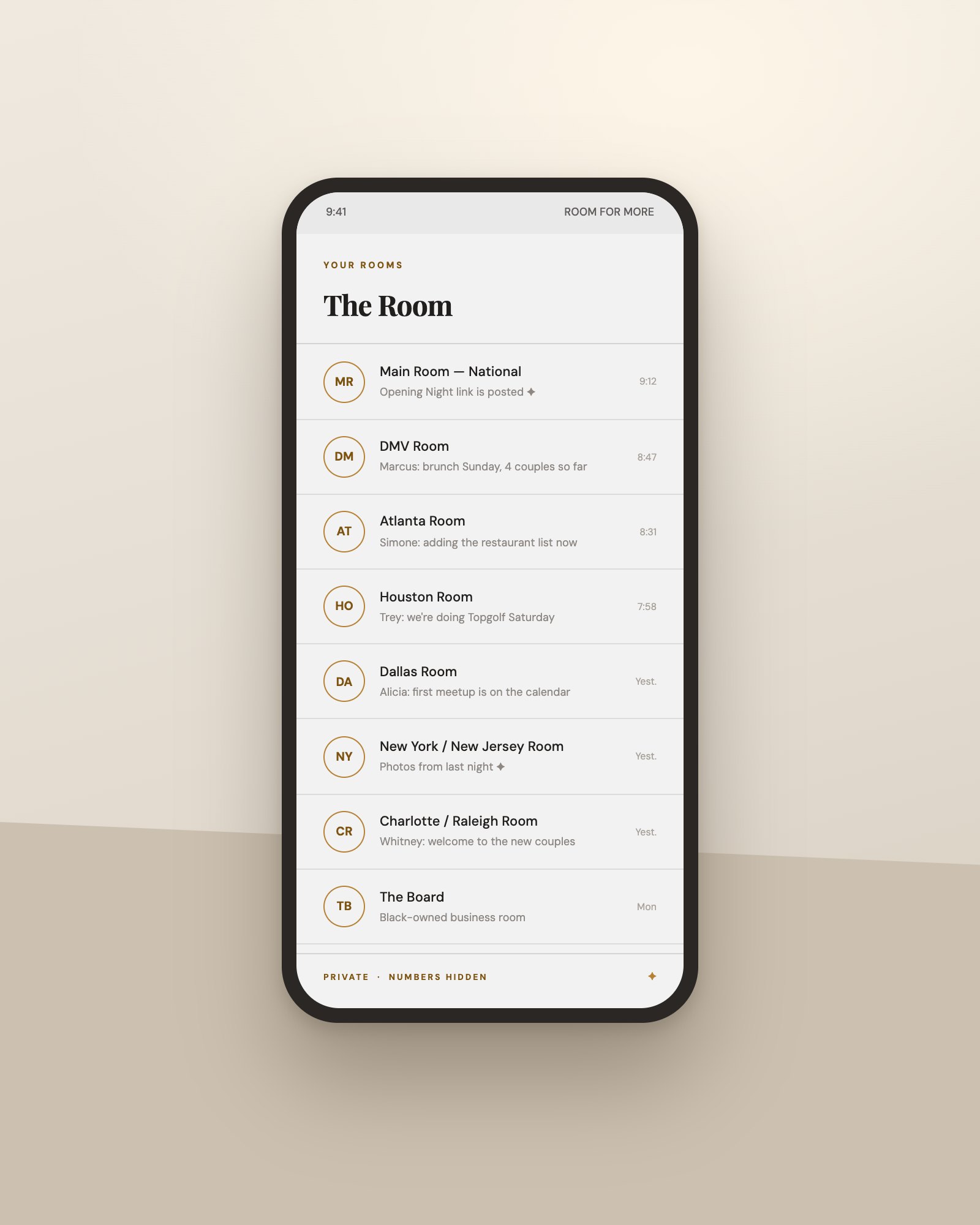 A phone showing the private Room for More community with the Main Room and city rooms listed