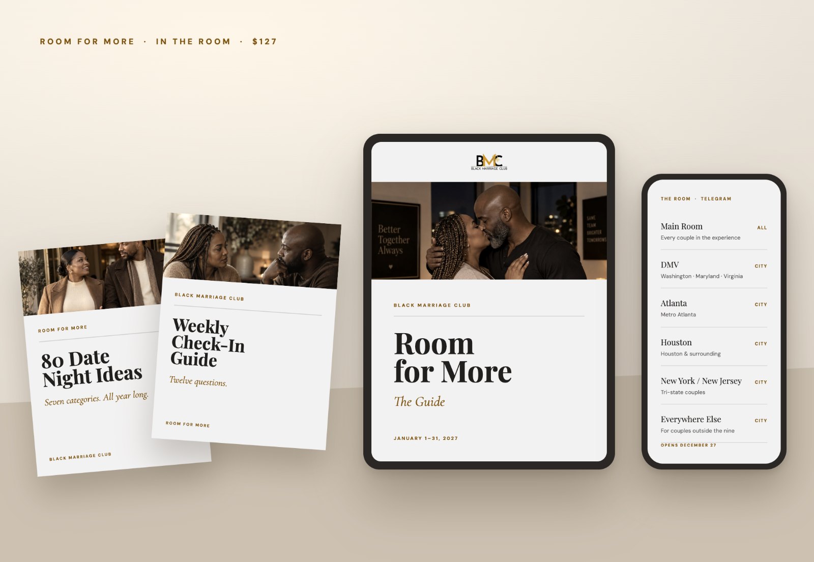 The In the Room package — the guide, 80 Date Night Ideas and the Weekly Check-In Guide with the city rooms on a phone