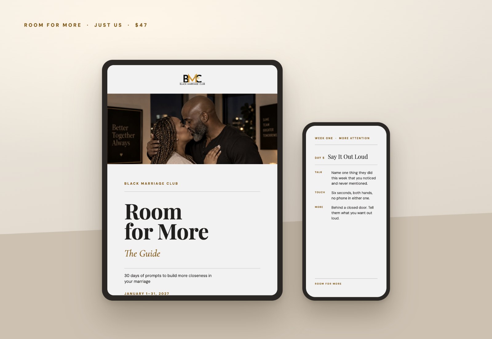 The Just Us package — the Room for More guide on a tablet with a daily prompt on a phone